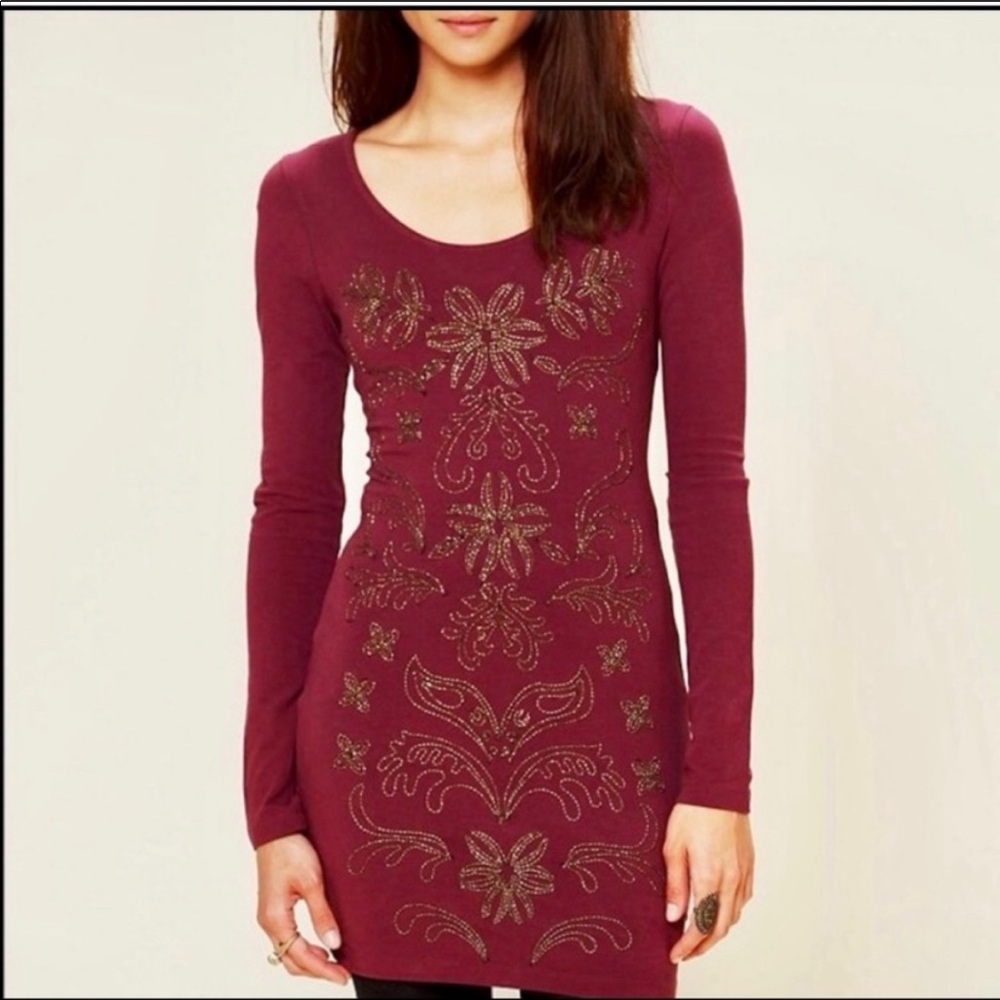 Free People Floral Embroidered gold and Burgundy Long Sleeve Bodycon Dress